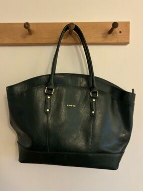 LAND “St. Bart Tote” Dark Green Leather Shoulder Tote Bag with Gold Accents